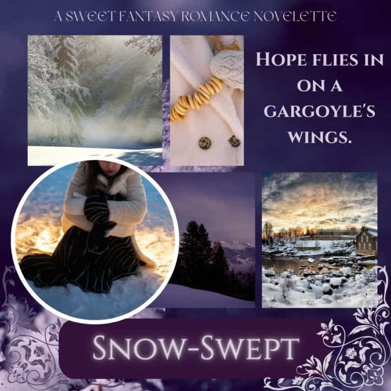 Snow-Swept moodboard: Hope flies in on a gargoyle's wings. Sweet Fantasy Romance. (Images of winter, night, and winter clothing.)