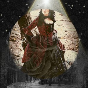 The Lamp Post Society Kindle Vella Cover (showing a woman in a red and black Victorian dress with a background of stars and a murky cobbled street)