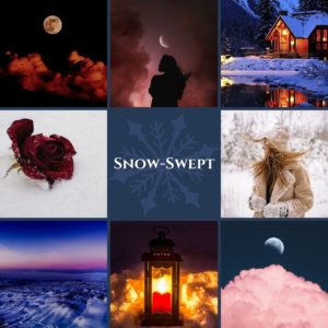 Snow-Swept moodboard (images of the moon, a woman in winter clothing, a candle in a lantern surrounded by snow, a red rose on bright white snow and winty landscapes at night