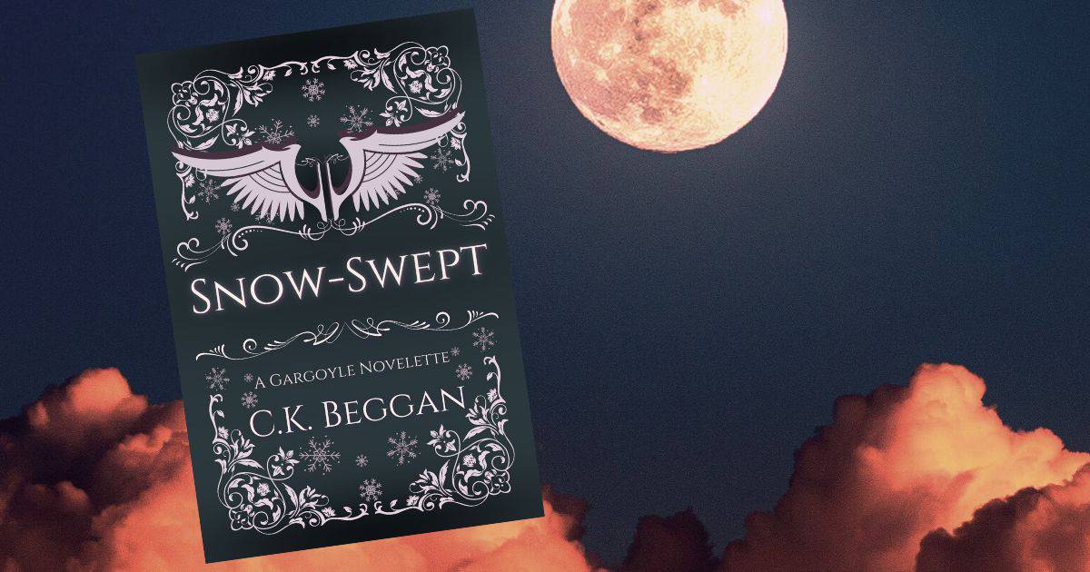 Snow-Swept banner, showing the filigree cover of the book, the moon and the sunset-lit clouds over a dark blue sky