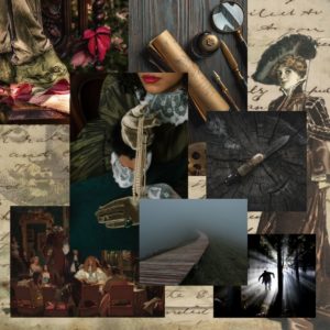 The Lamp Post Society Moodboard (a Victorian woman with pearls, an old-fashioned illustration of a woman in a hat and a sun, a period gathering at a table, misty path disappearing, a figure lurching out of the woods, a knife and some tools and a rolled up message