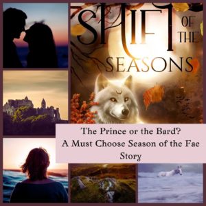 Shift of the Seasons: The Prince or the Bard? A Must Choose Season of the Fae Story; A moodboard showing a silhouetted couple by the sea, a horse in water, Irish contryside and a castle, and a woman looking out at ocean waves