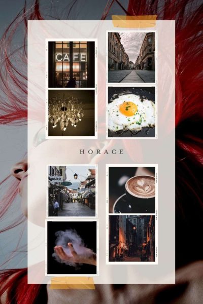 Horace moodboard: eggs, cobbled streets, a cafe, coffee, a girl with pink hair, old fashioned-city streets, a cloud of magic in a hand